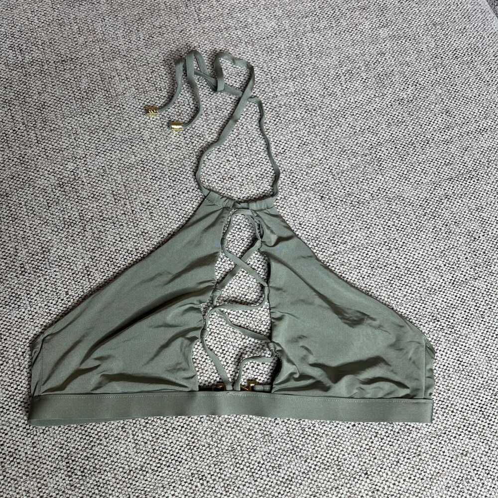 Beach Bunny Womens Swim Top Lace Up Halter Green Color Logo Size M